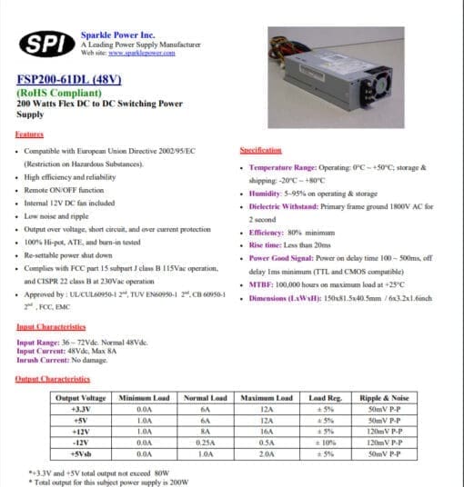 Fsp200-61Dl Sparkle Power Inc 48V 200 Watts Flex Dc To Dc Switching Power Supply