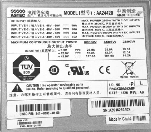 Cisco 341-0186-01, Astec Aa24420 Power Supply