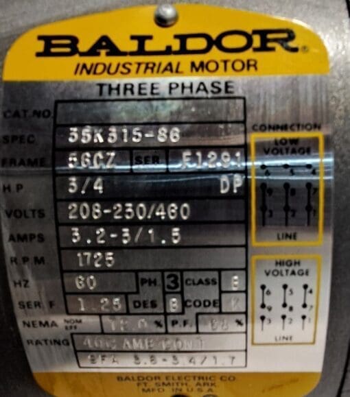 Baldor 35K315-86 3/4Hp, 1725Rpm, 3Ph, 60Hz, 56Cz, Dp, F1291 Shaft 1.35 X 15.75